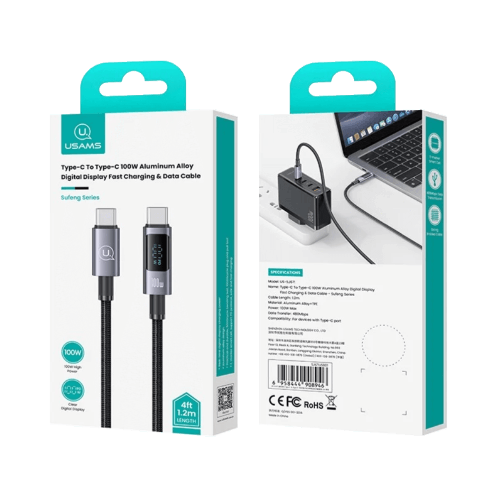 Câble Data Type-C vers Type-C avec Écran Usams 100W (1.2m) Noir - Vue 4