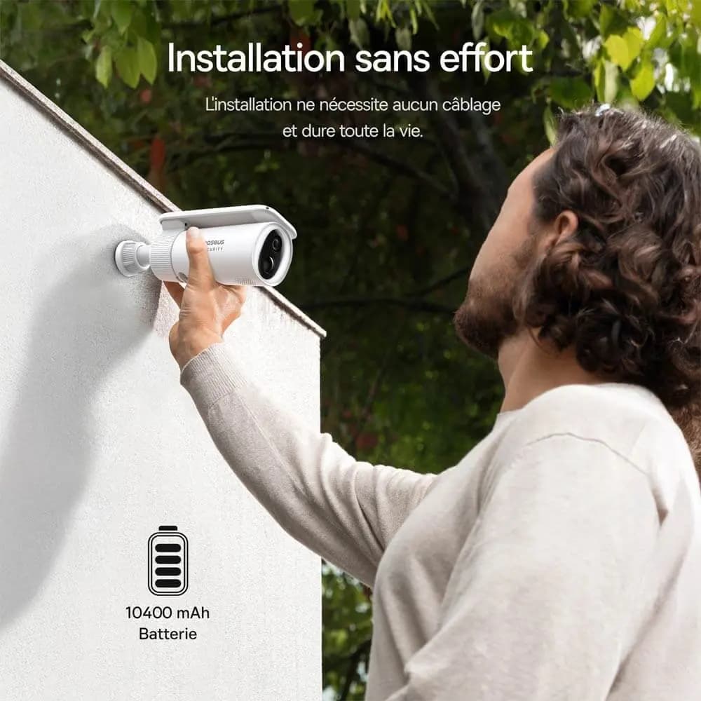 Caméra de Surveillance Sans Fil pour Extérieur Baseus 2K 8GB avec Batterie 10400mAh, Panneau Solaire à Système de Suivi, Vision Nocturne et Micro Bidirectionnel Blanc - Vue 4
