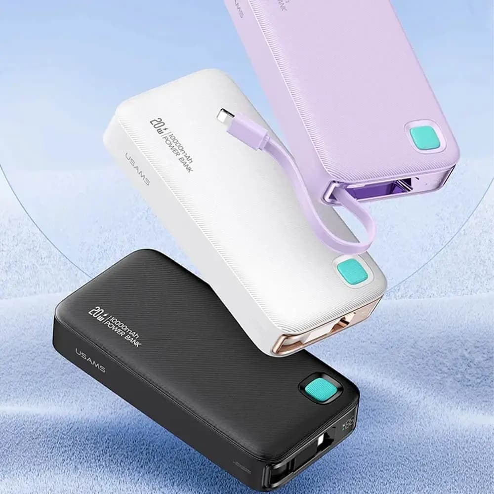 Batterie externe 10000mAh 20W avec câble Lightning rétractable et écran digital - Usams CD225 Blanc