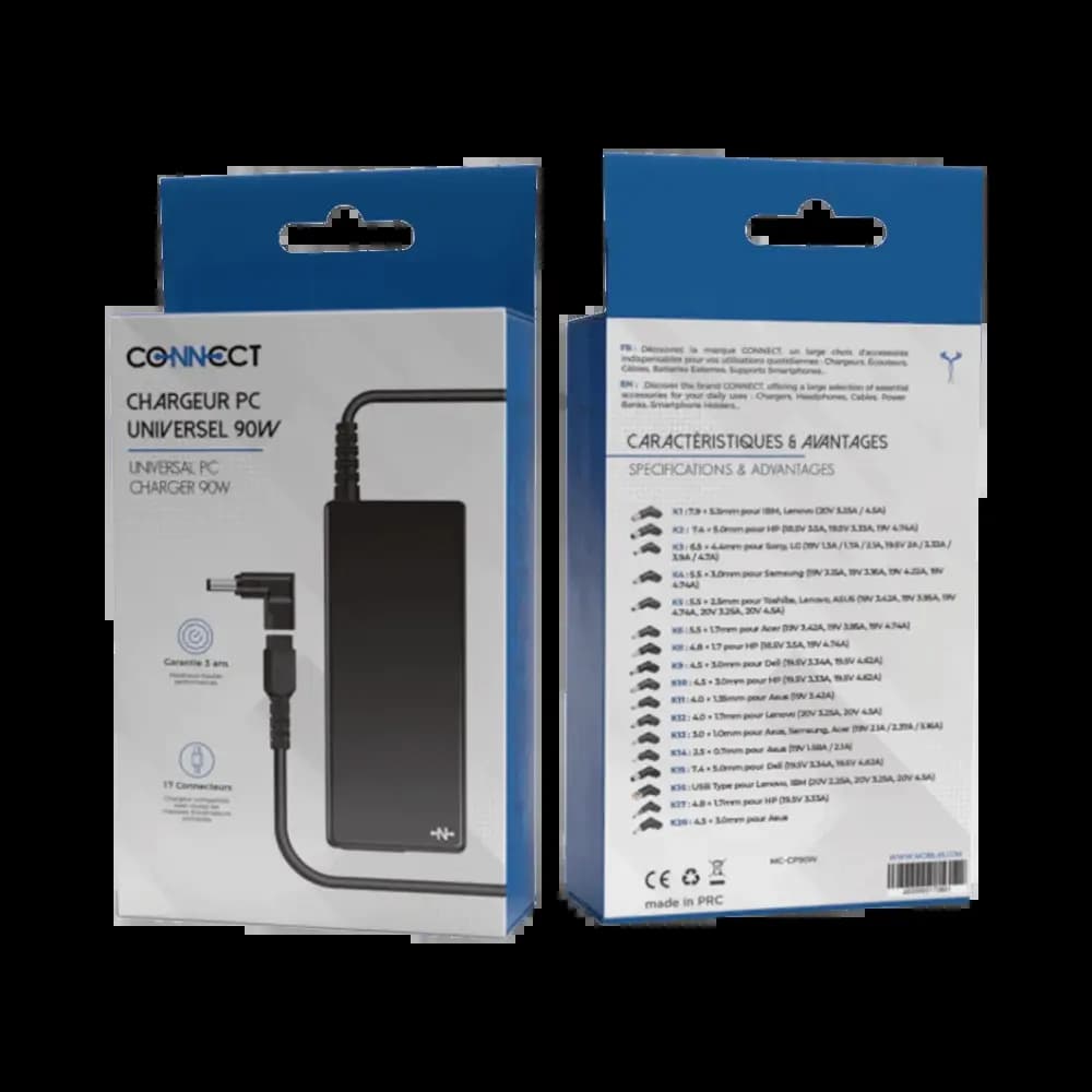 Chargeur PC universel 90W avec 17 embouts - CONNECT Noir