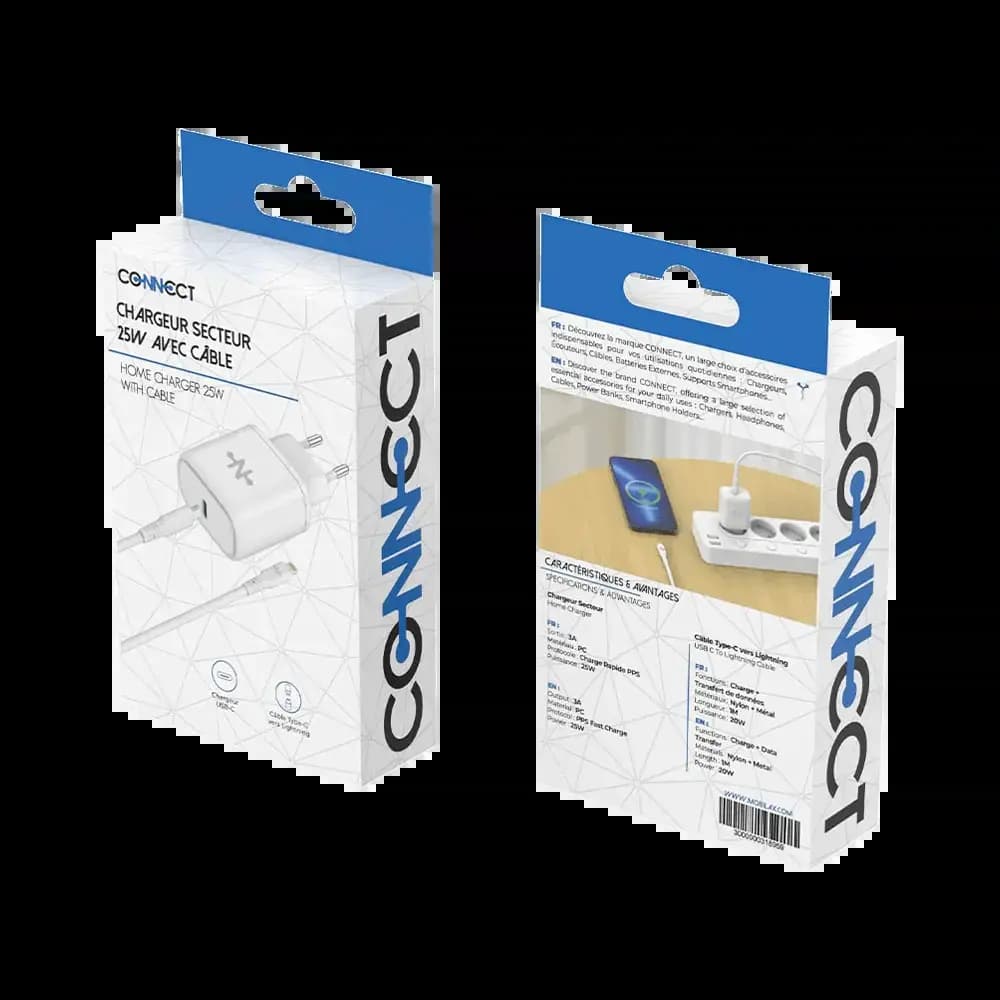 Chargeur secteur USB-C 25W charge rapide + câble Lightning (1m) – CONNECT Blanc