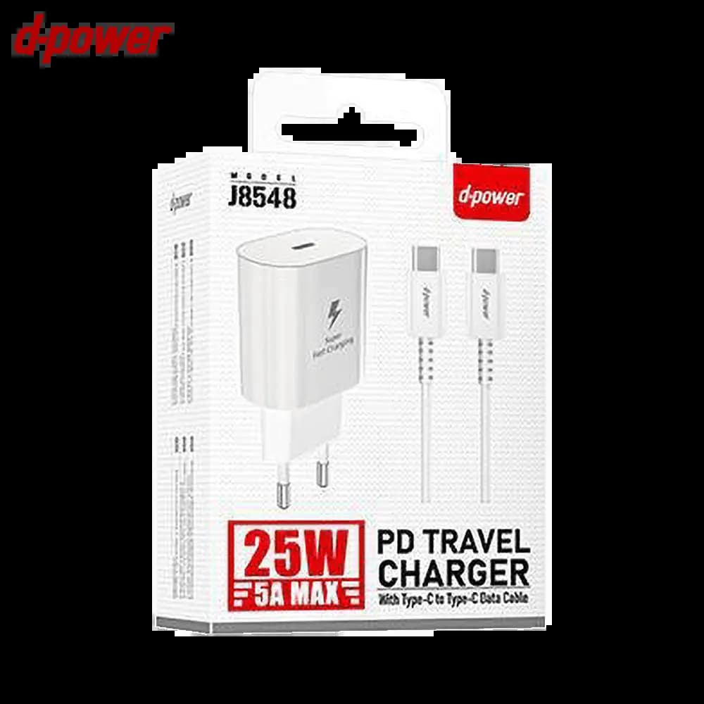 Chargeur secteur USB-C 25W charge rapide avec câble USB-C vers USB-C - d-power Blanc