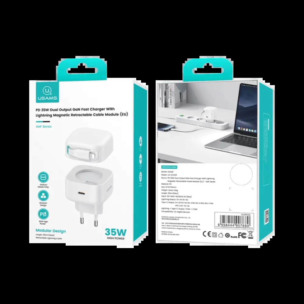 Chargeur secteur GaN 35W avec câble Lightning rétractable - Usams Blanc