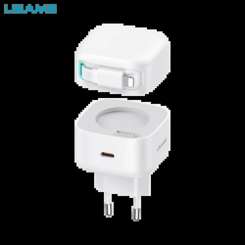 Chargeur secteur GaN 35W avec câble Lightning rétractable - Usams Blanc