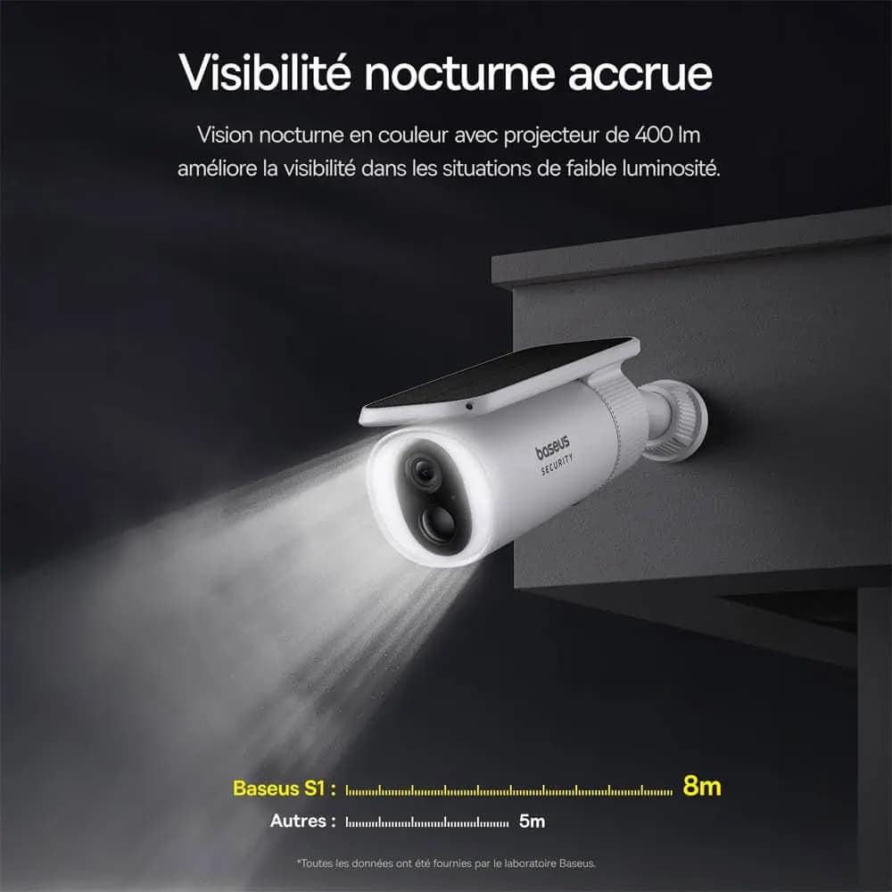 Caméra de Surveillance Sans Fil pour Extérieur Baseus 2K 8GB avec Batterie 10400mAh, Panneau Solaire à Système de Suivi, Vision Nocturne et Micro Bidirectionnel Blanc - Vue 3