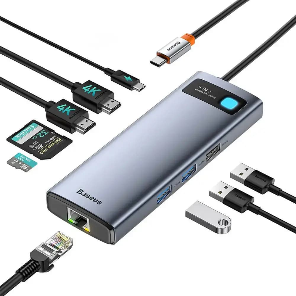 Hub USB-C 8-en-1 - HDMI 4K, Ethernet RJ45, USB 3.0 & lecteurs SD/TF - Baseus