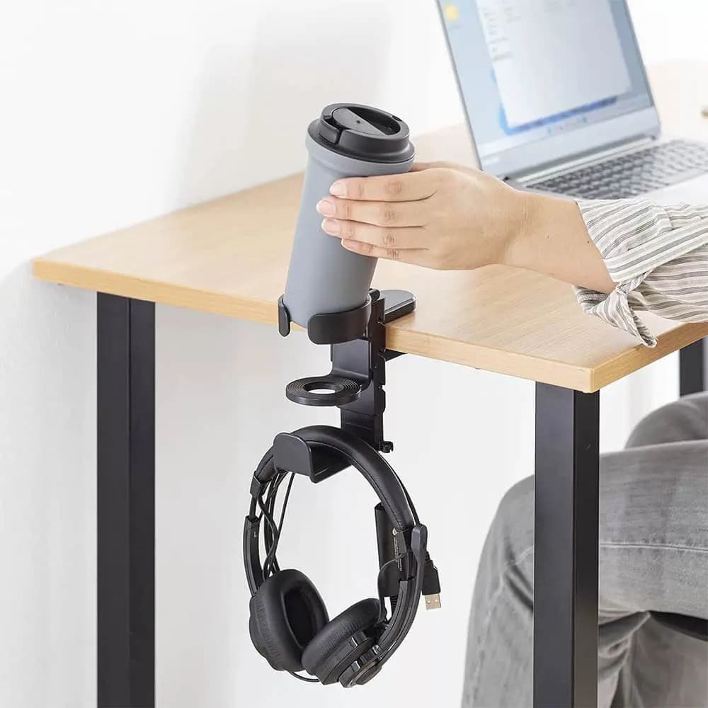Porte-gobelet de bureau avec support casque intégré - Noir - Vue 2