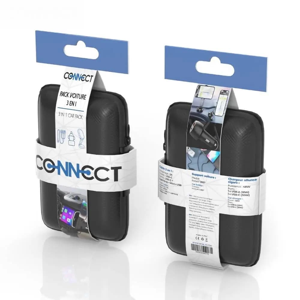 Pack Voiture CONNECT (Support Smartphone Magnétique 360° + Chargeur Allume-Cigare 48W + Câble de Charge 3A 3-en-1) Noir - Vue 2