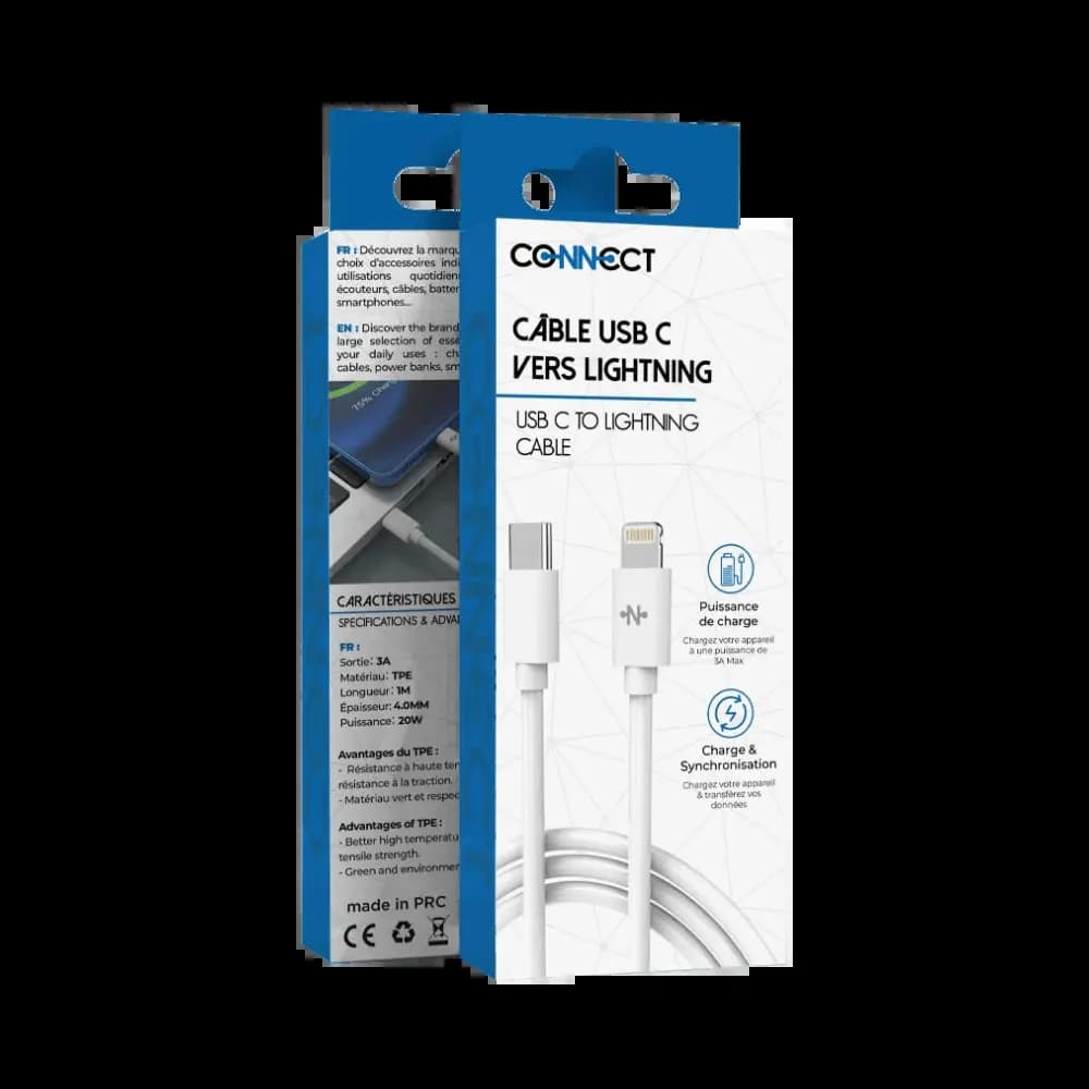 Câble USB-C vers Lightning 20W 1m - CONNECT Blanc - Vue 2