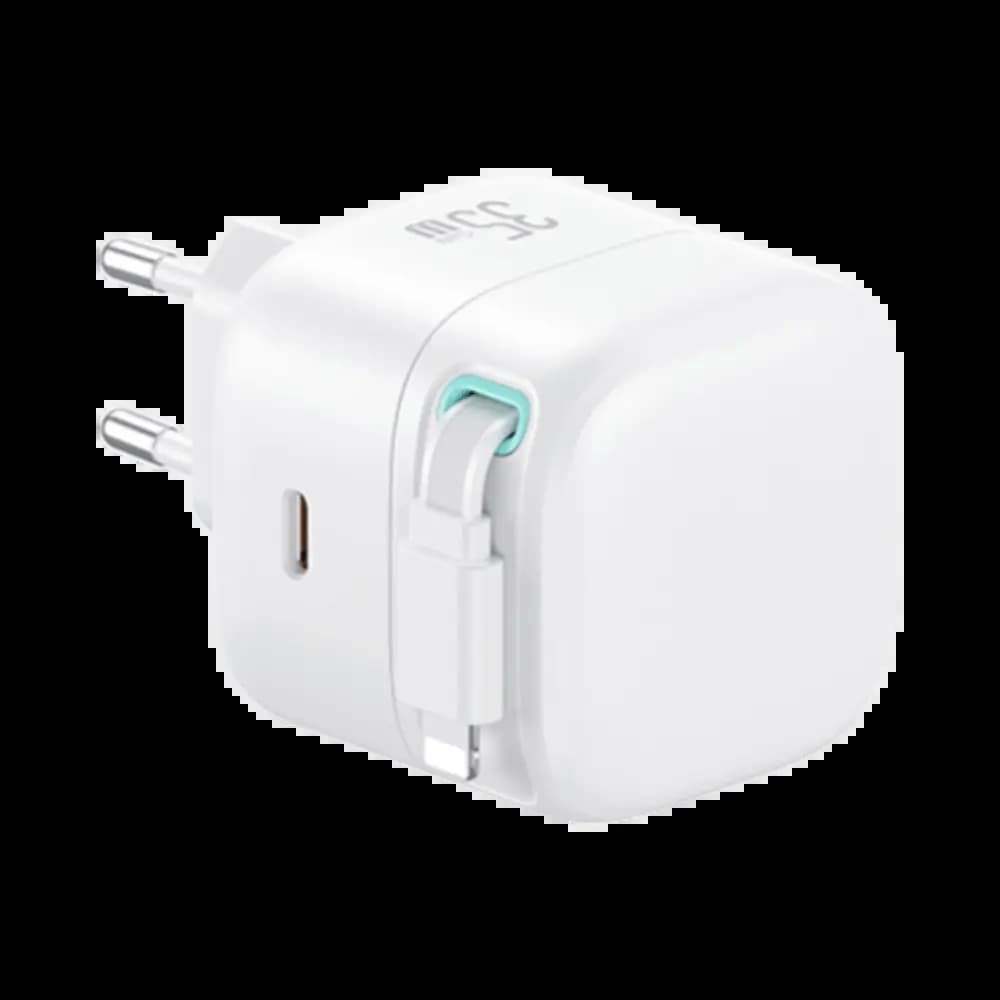 Chargeur secteur GaN 35W avec câble Lightning rétractable - Usams Blanc