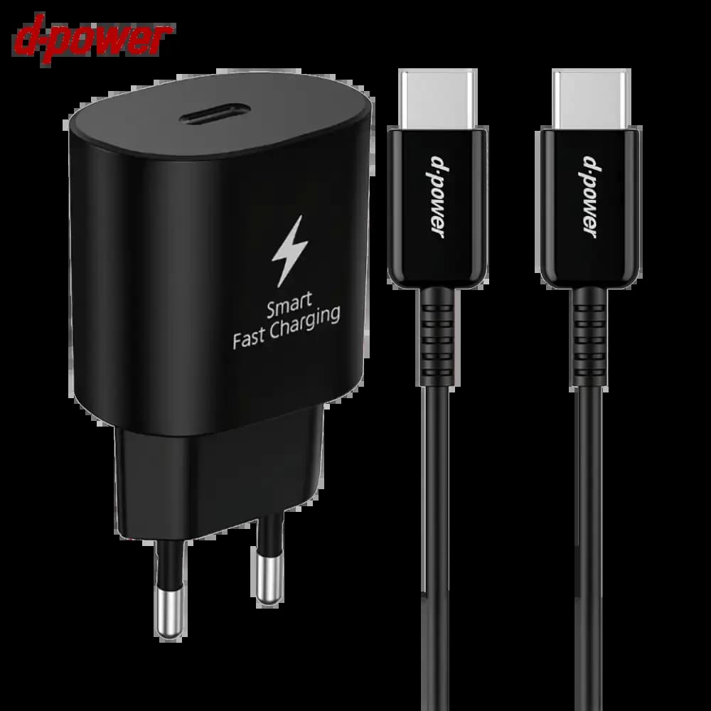 Chargeur secteur USB-C 25W charge rapide avec câble USB-C vers USB-C - d-power Noir