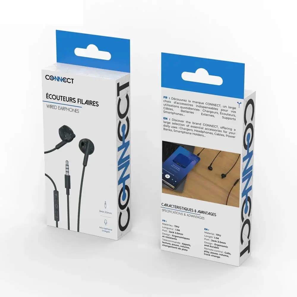 Écouteurs filaires jack 3.5mm stéréo avec micro - CONNECT Noir