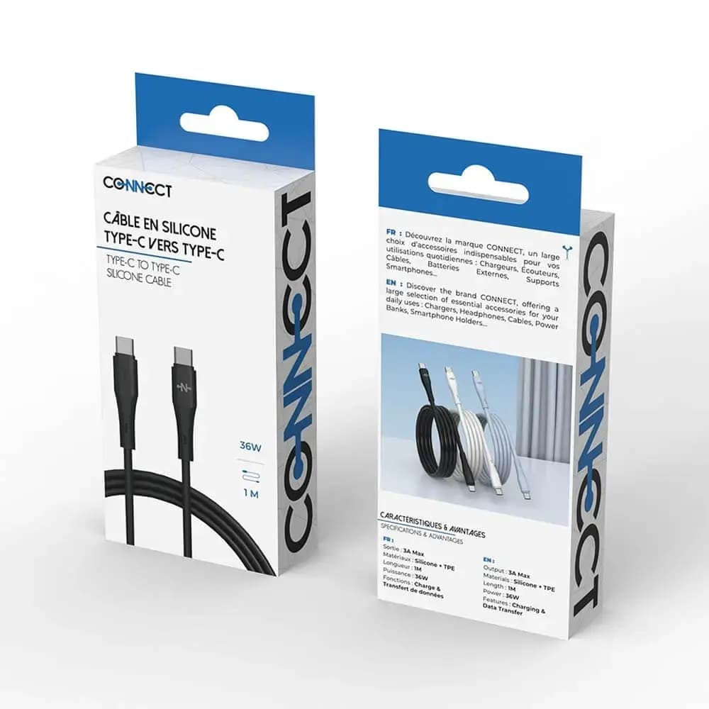 Câble USB-C vers USB-C 36W charge rapide (1m) - CONNECT Noir