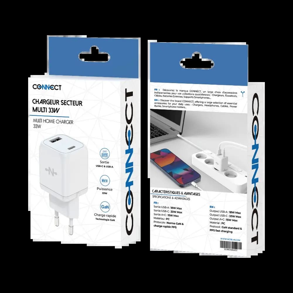 Chargeur secteur GaN 33W USB-C + USB-A - CONNECT Blanc - Vue 3