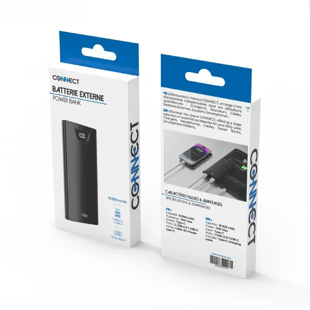 Batterie externe 10000mAh avec affichage digital et charge rapide 15W - CONNECT Noir