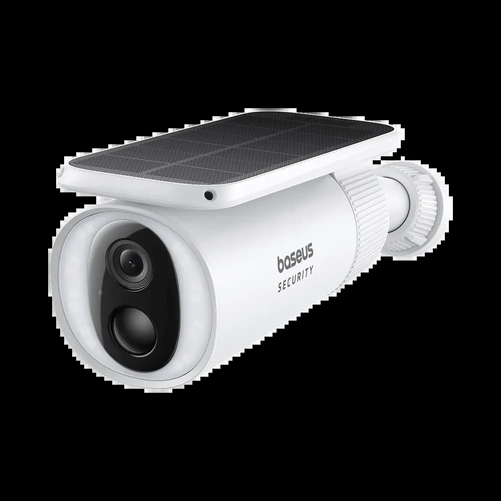 Caméra de Surveillance Sans Fil pour Extérieur Baseus 2K 8GB avec Batterie 10400mAh, Panneau Solaire à Système de Suivi, Vision Nocturne et Micro Bidirectionnel Blanc