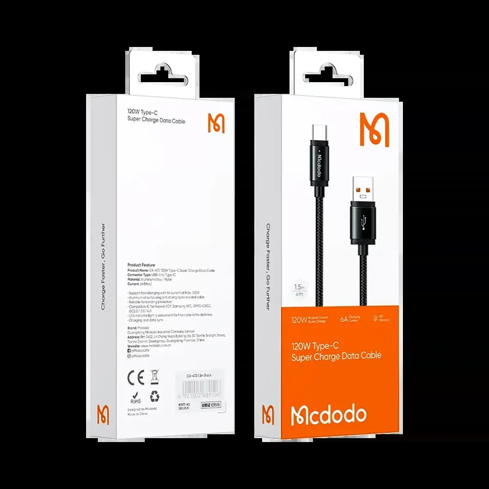 Câble Data USB vers USB-C Mcdodo 120W (avec LED) 1.5m Noir