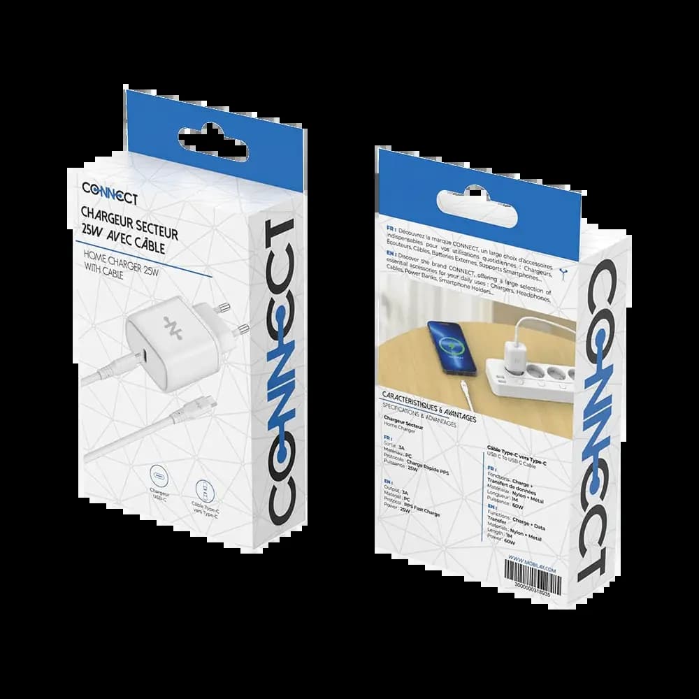 Chargeur secteur USB-C 25W avec câble USB-C – CONNECT Blanc - Vue 3