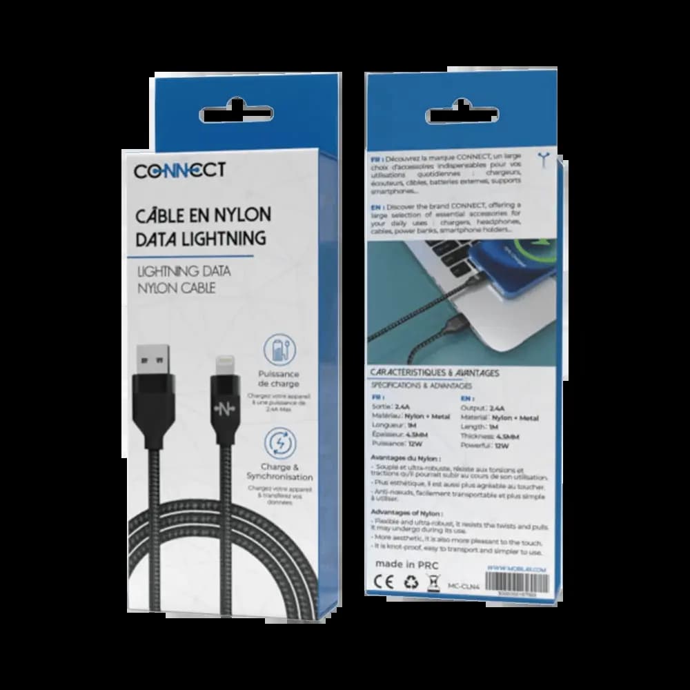 Câble Data Nylon Tressé USB vers Lightning CONNECT (1m) Noir - Vue 2