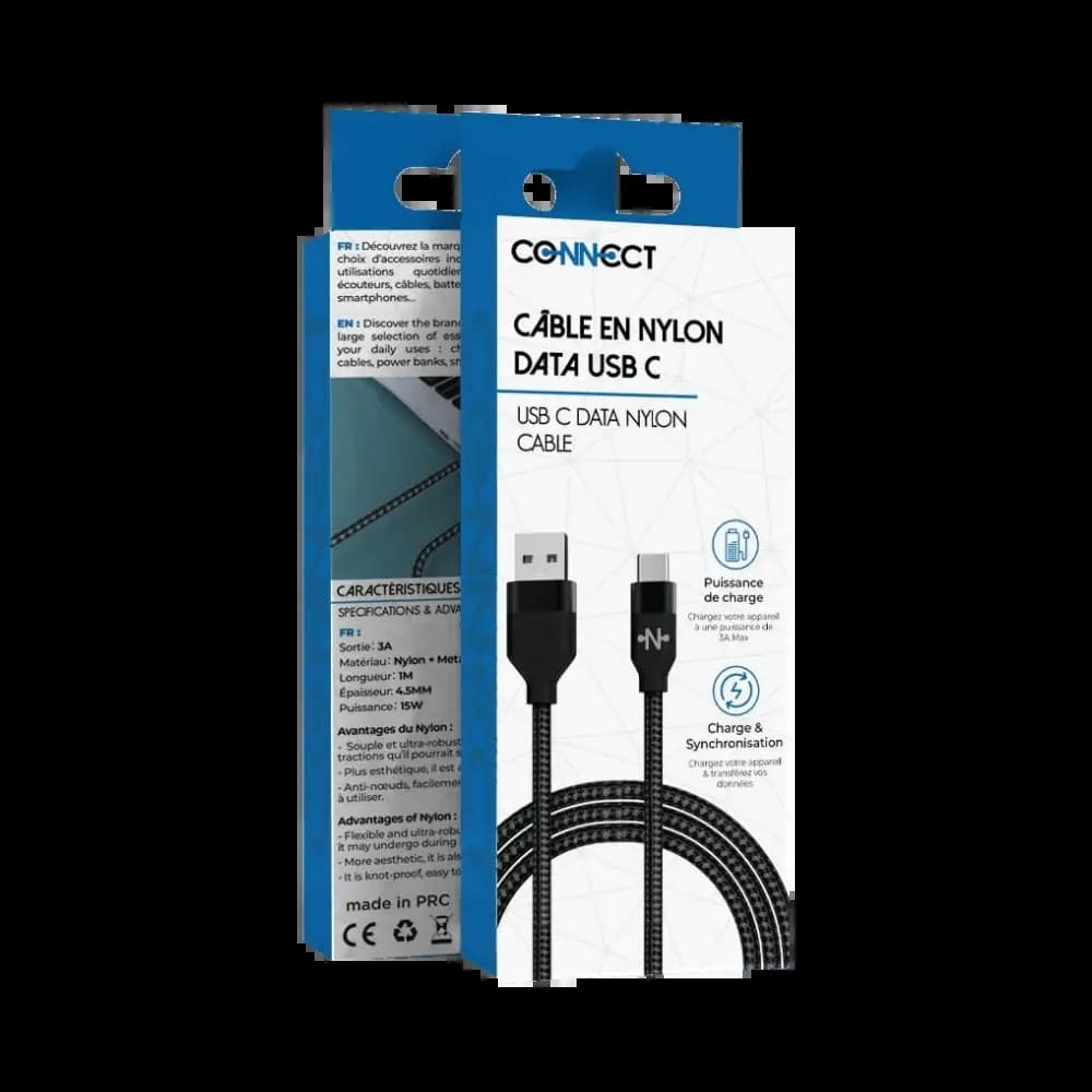 Câble Data Nylon Tressé USB vers USB-C CONNECT (1m) Noir
