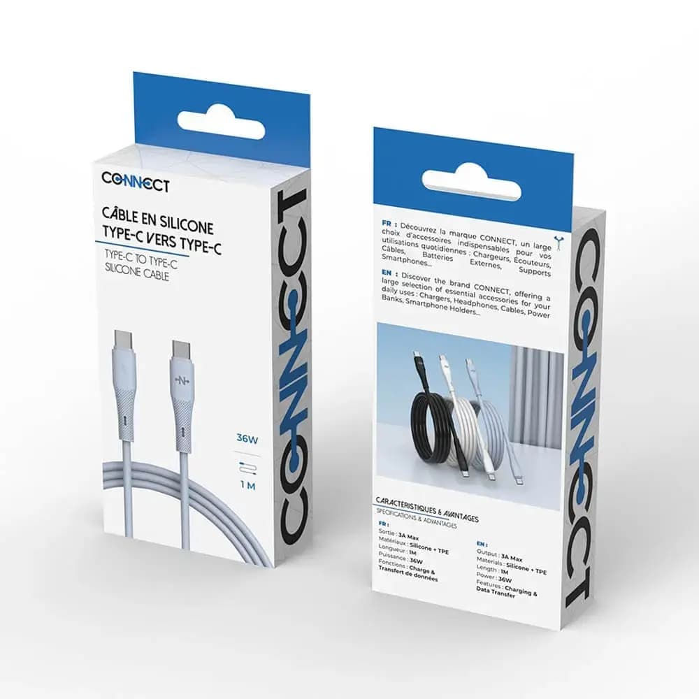 Câble USB-C vers USB-C 36W charge rapide (1m) - CONNECT Bleu