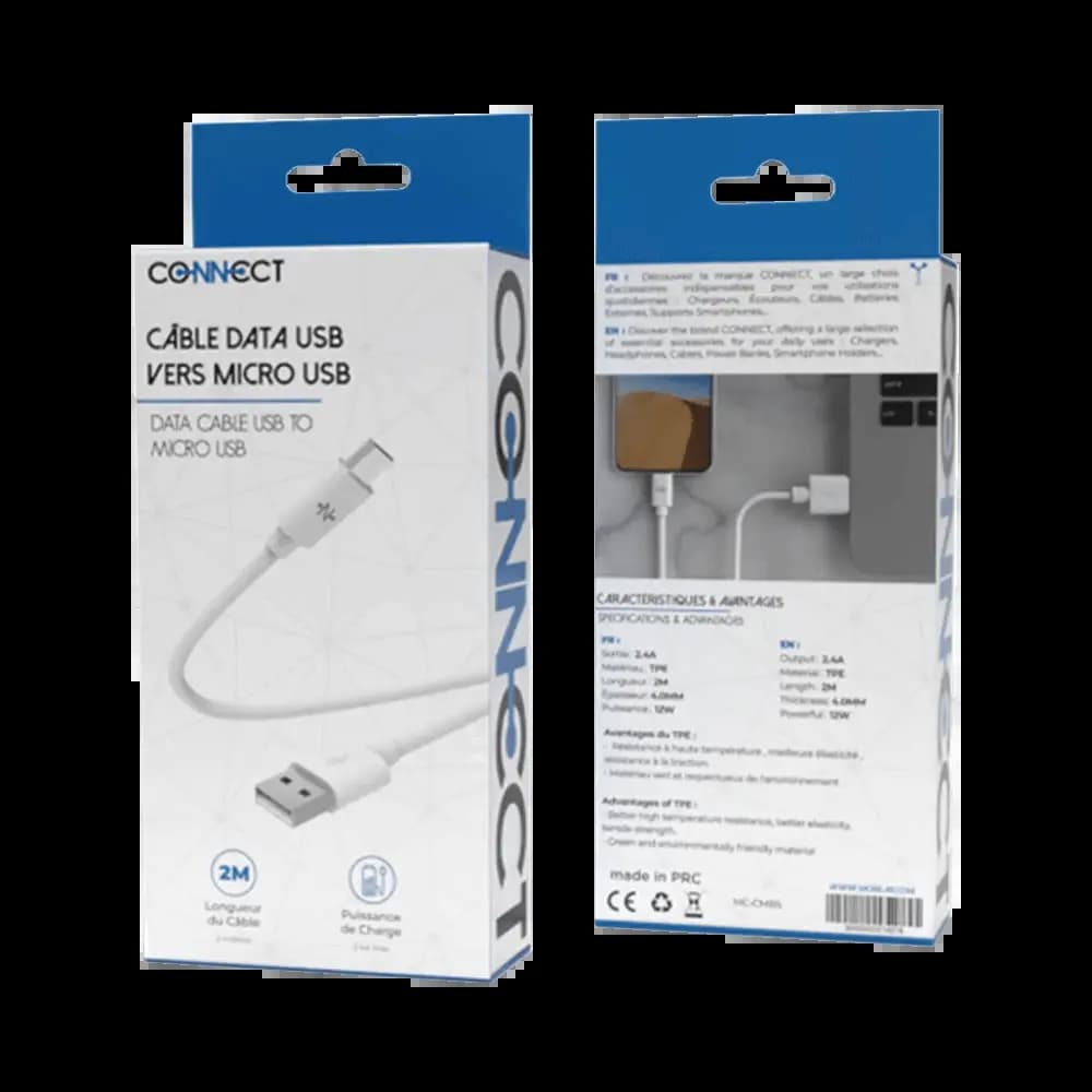 Câble Data USB vers Micro USB CONNECT (2m) Blanc - Vue 2