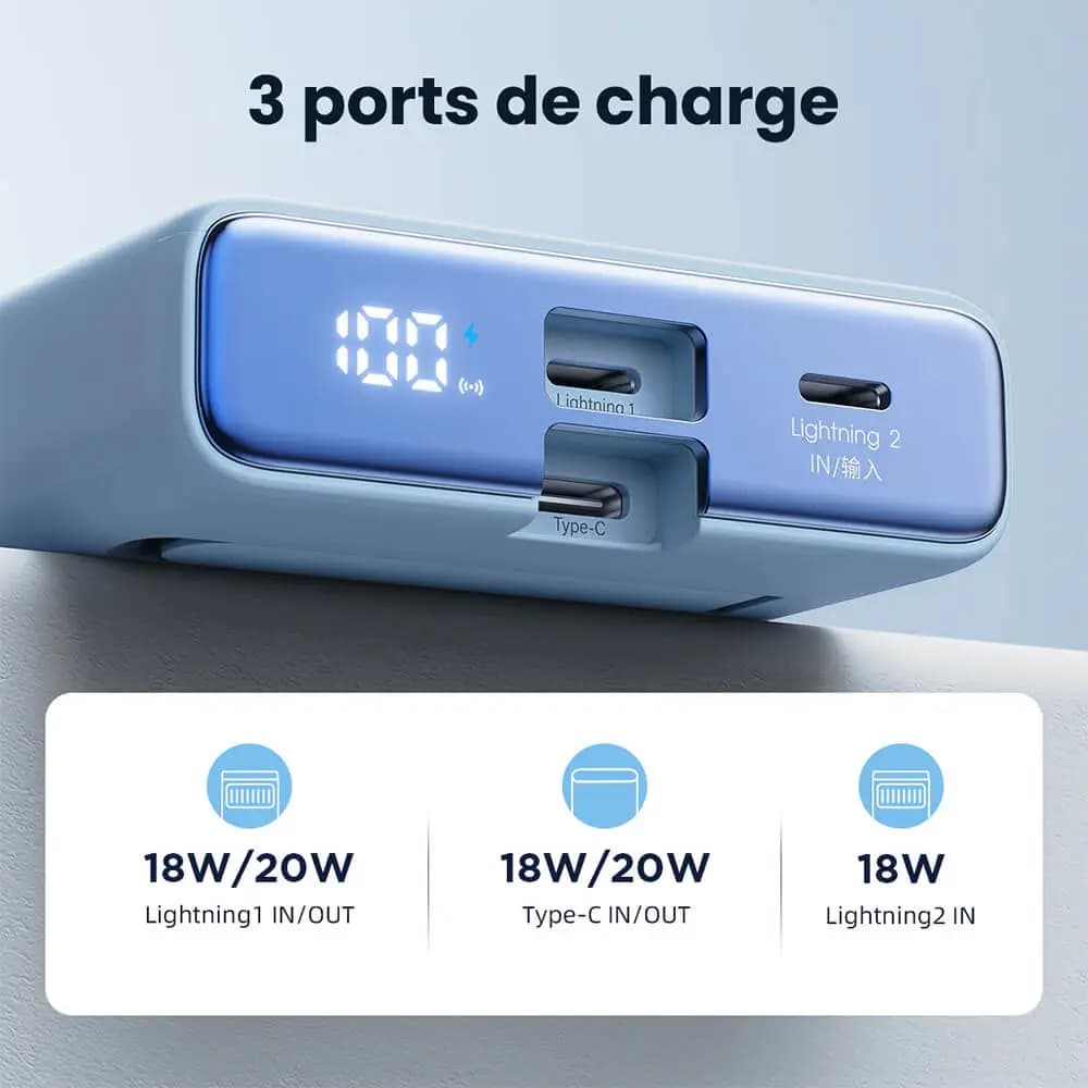 Batterie externe 10000mAh 20W avec charge sans fil 15W et écran digital - JOYROOM JR-PBM01 Blanc