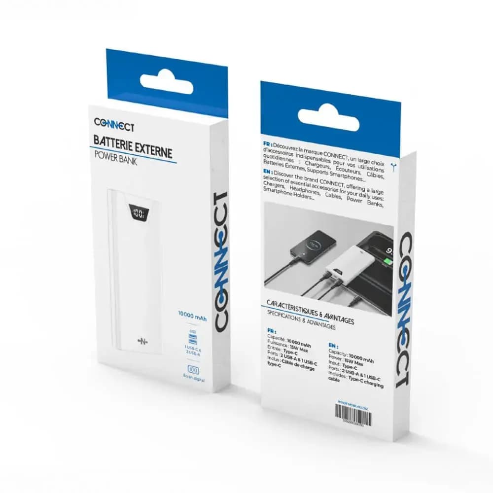 Batterie externe 10000mAh avec affichage digital et charge rapide 15W - CONNECT Blanc