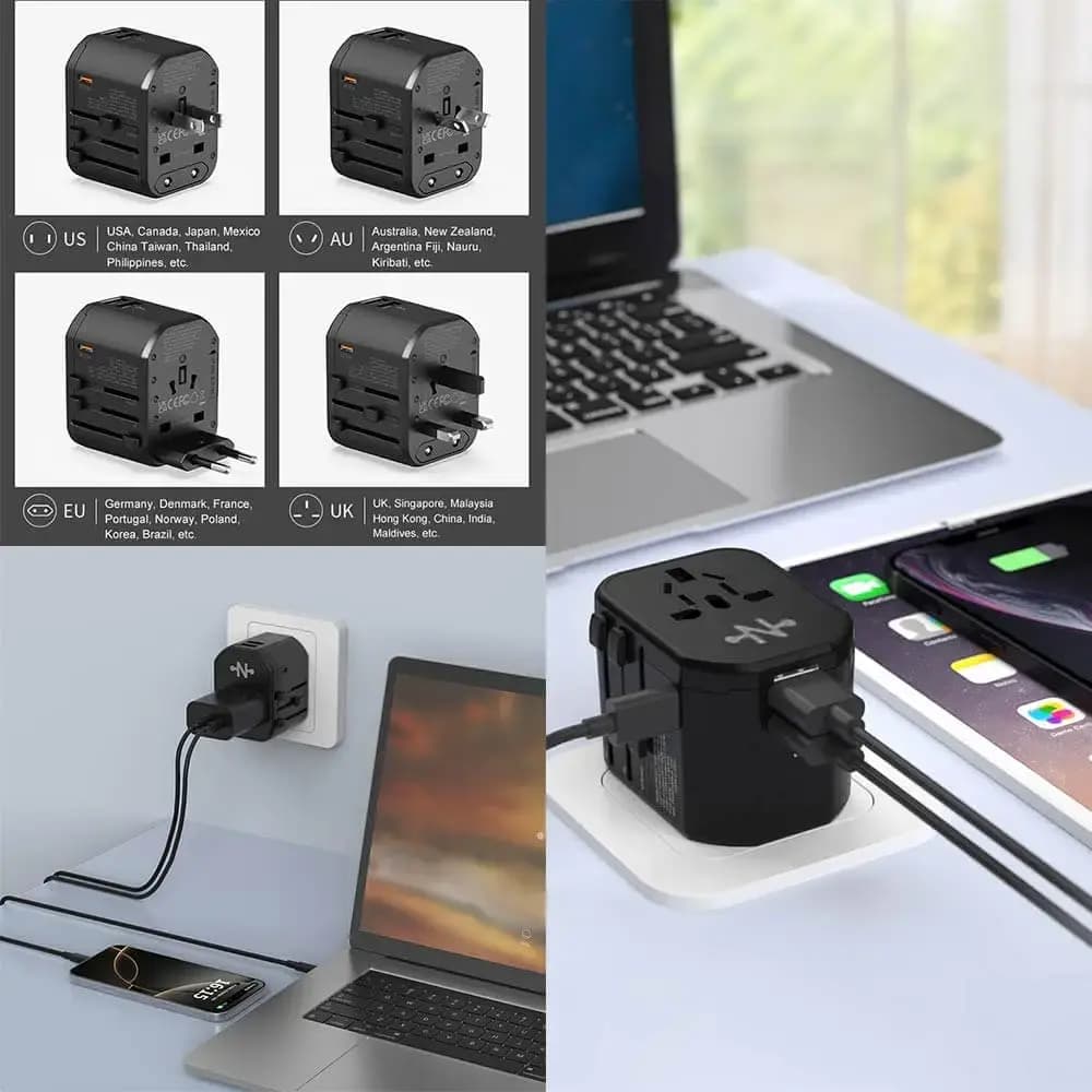 Adaptateur secteur de voyage 20W 3 ports (USB-C + 2x USB-A) – CONNECT Noir