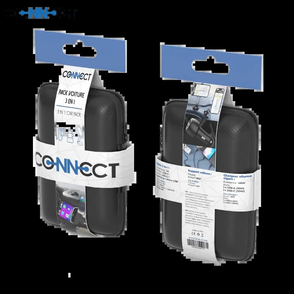 Pack voiture 3-en-1 : support magnétique + chargeur rapide 48W + câble universel - CONNECT Noir - Vue 2