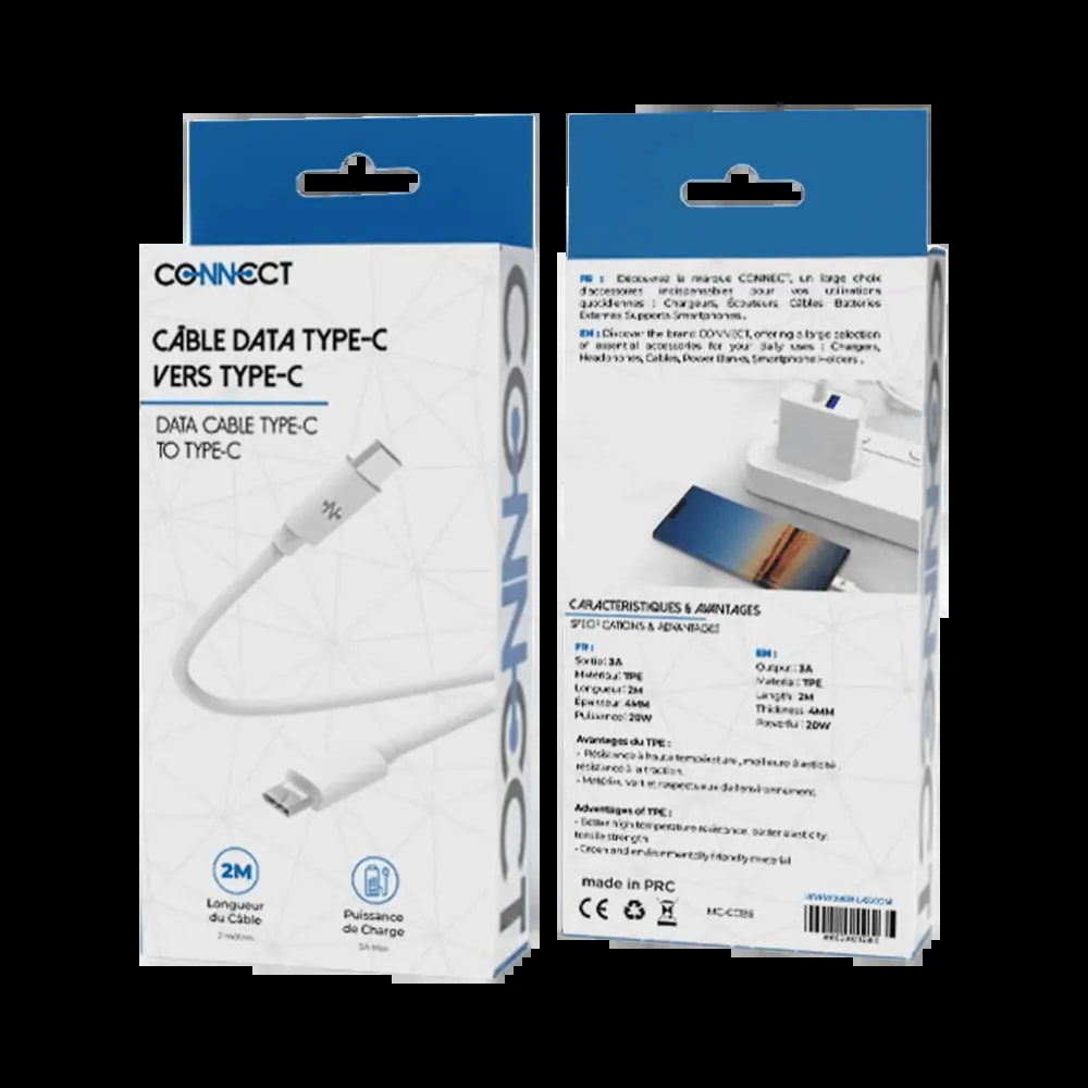 Câble Data USB-C vers USB-C CONNECT (2m) Blanc - Vue 2