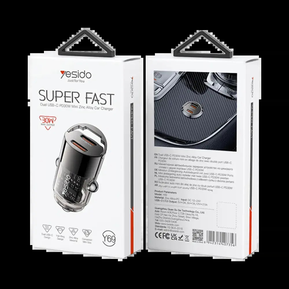 Chargeur allume-cigare double ports USB-C 30W SUPER FAST - Yesido Y69 Noir - Vue 4