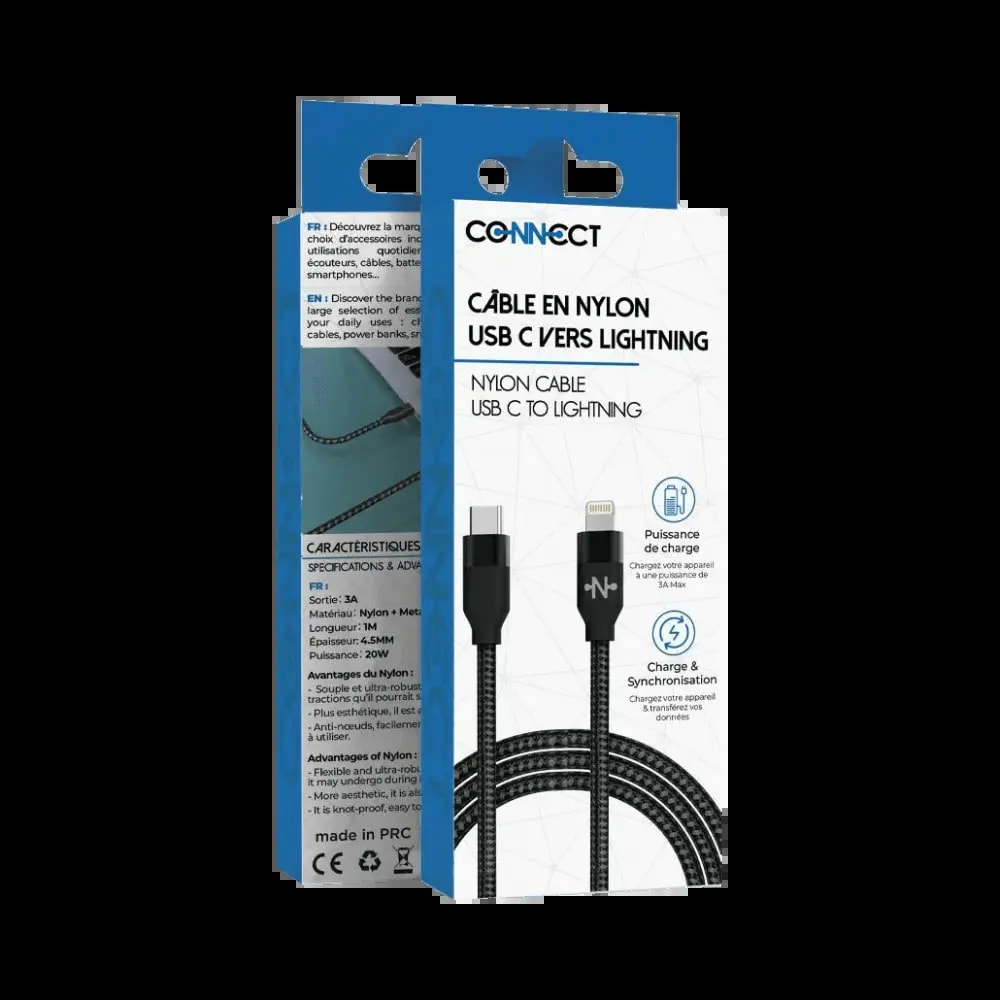 Câble USB-C vers Lightning 20W nylon tressé 1m - CONNECT Noir - Vue 2