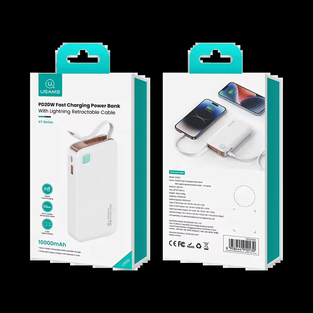 Batterie externe 10000mAh 20W avec câble Lightning rétractable et écran digital - Usams CD225 Blanc - Vue 4