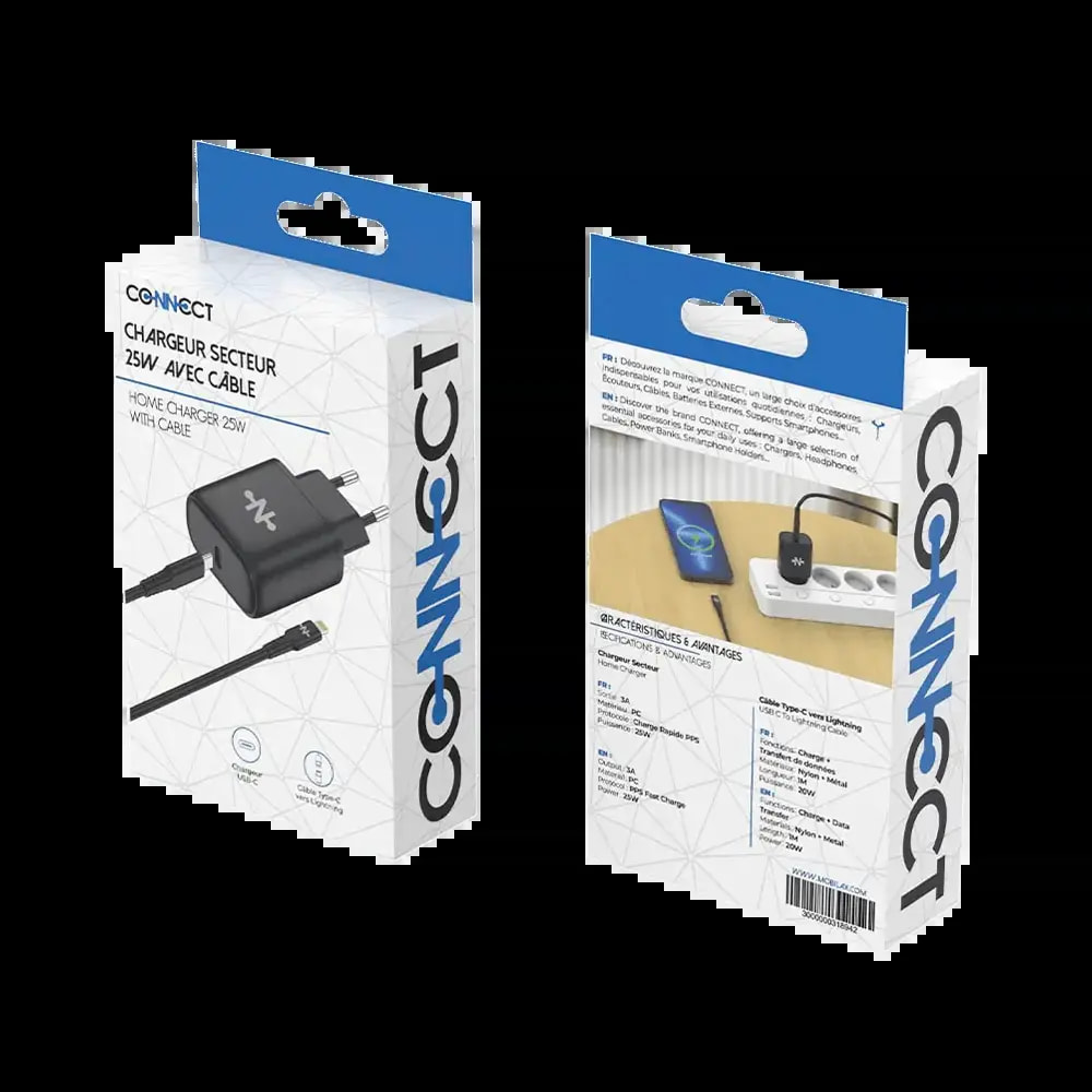 Chargeur secteur USB-C 25W charge rapide + câble Lightning (1m) – CONNECT Noir - Vue 3