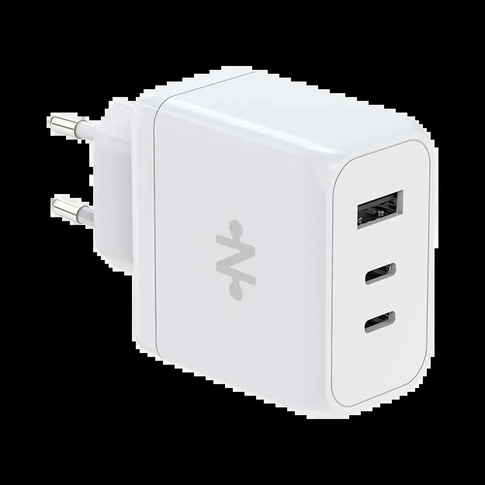 Chargeur secteur GaN 65W 3 ports (2× USB-C + USB-A) – CONNECT Blanc - Vue 2