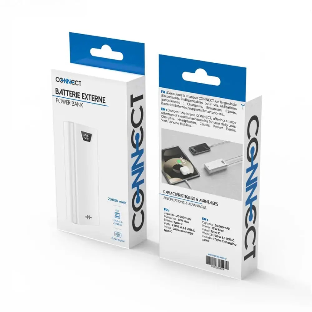 Batterie externe 20000mAh avec affichage digital et charge rapide 15W - CONNECT Blanc - Vue 3