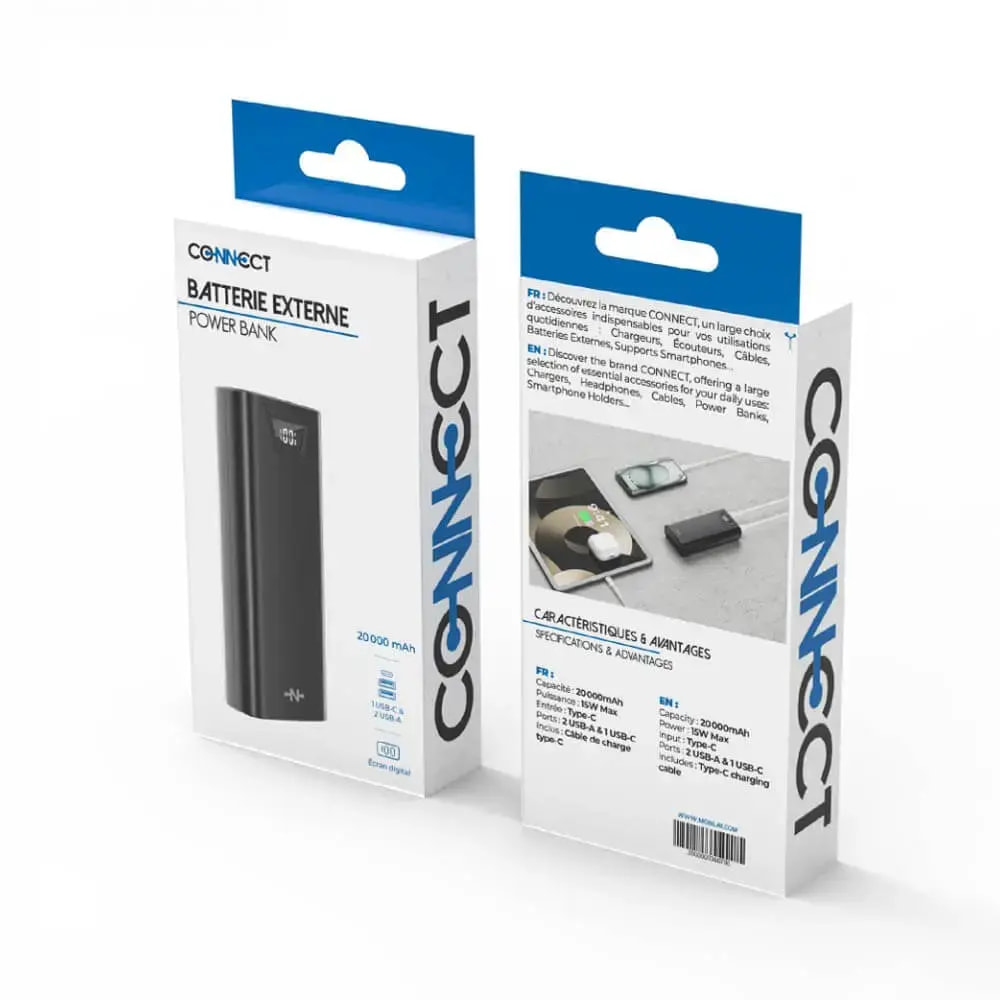 Batterie externe 20000mAh avec affichage digital et charge rapide 15W - CONNECT Noir - Vue 3
