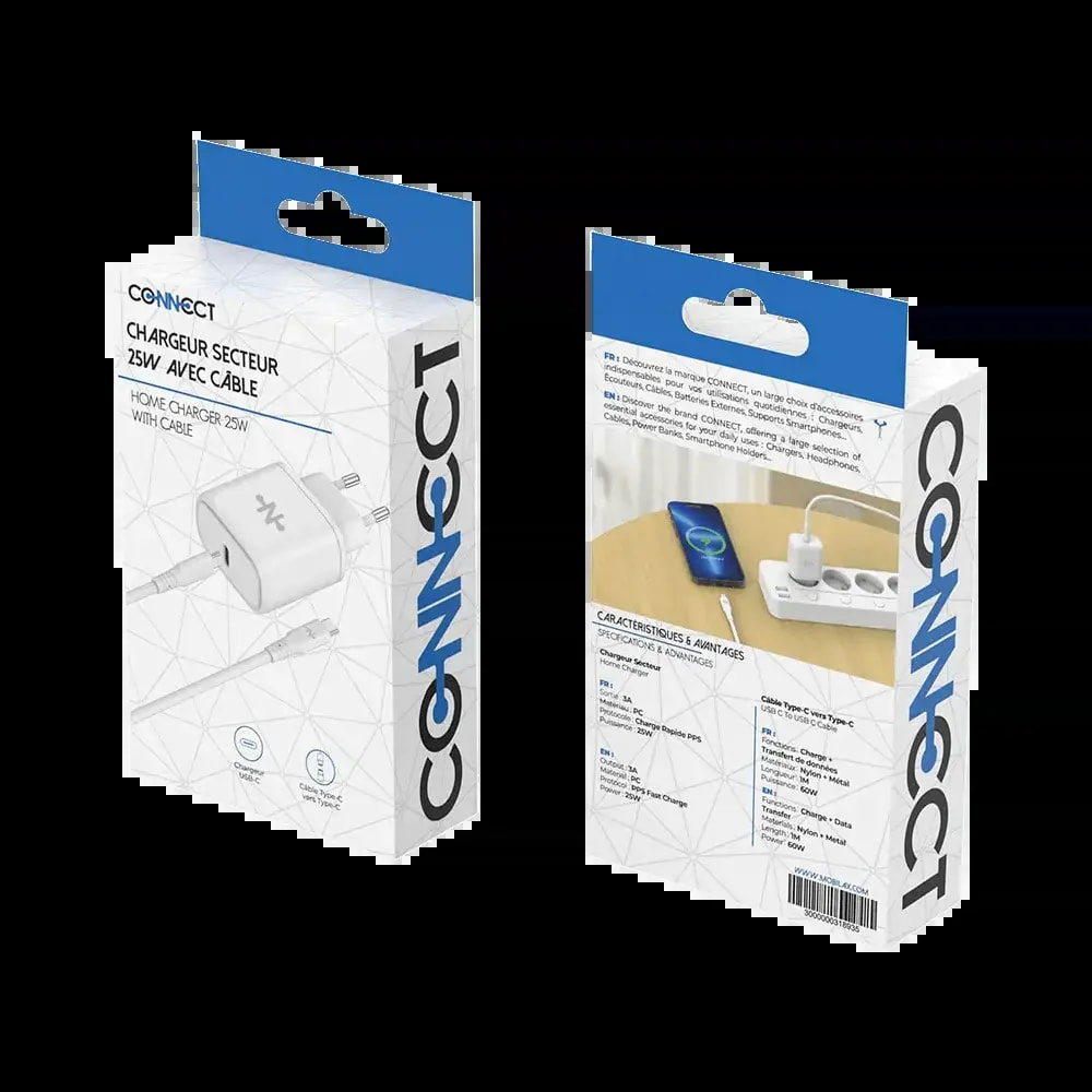 Chargeur secteur USB-C 25W avec câble USB-C – CONNECT Blanc - Vue 3