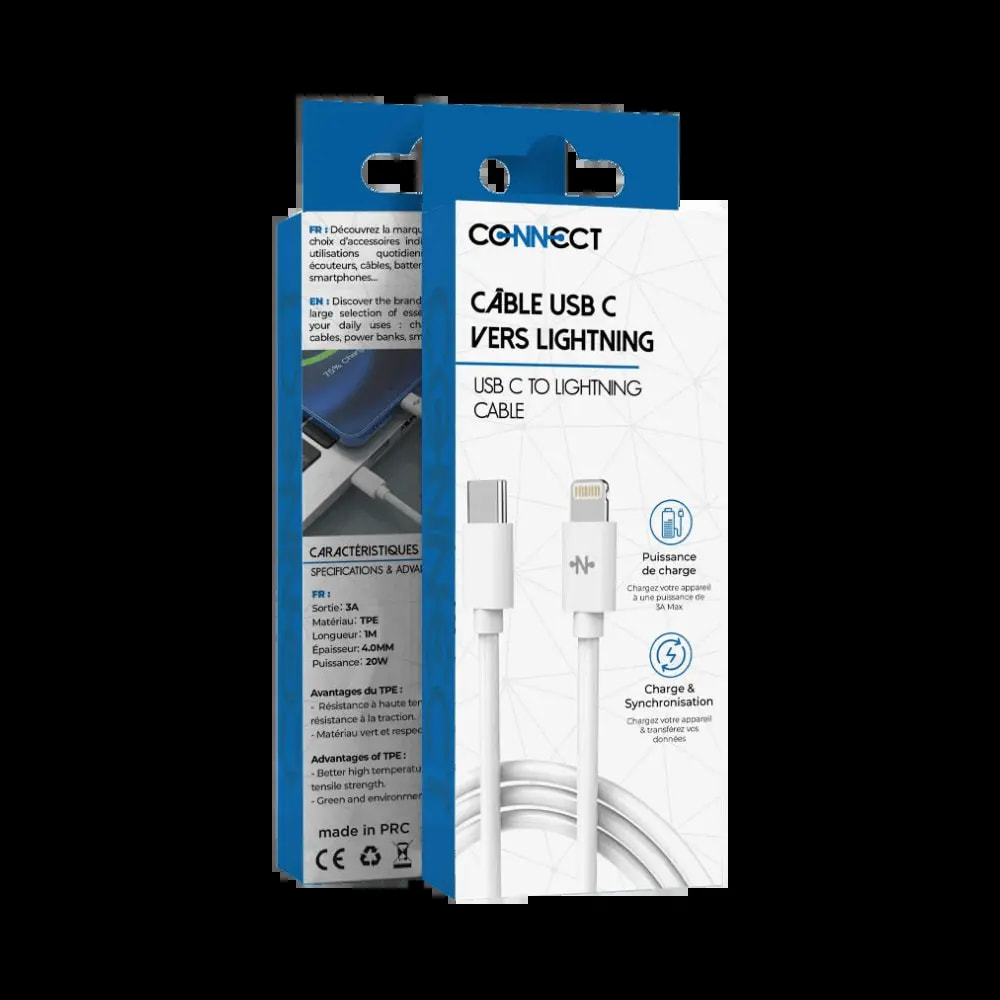 Câble USB-C vers Lightning 20W 1m - CONNECT Blanc - Vue 2