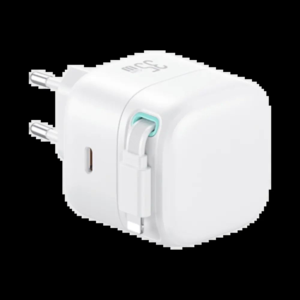 Chargeur secteur GaN 35W avec câble Lightning rétractable - Usams Blanc - Vue 2
