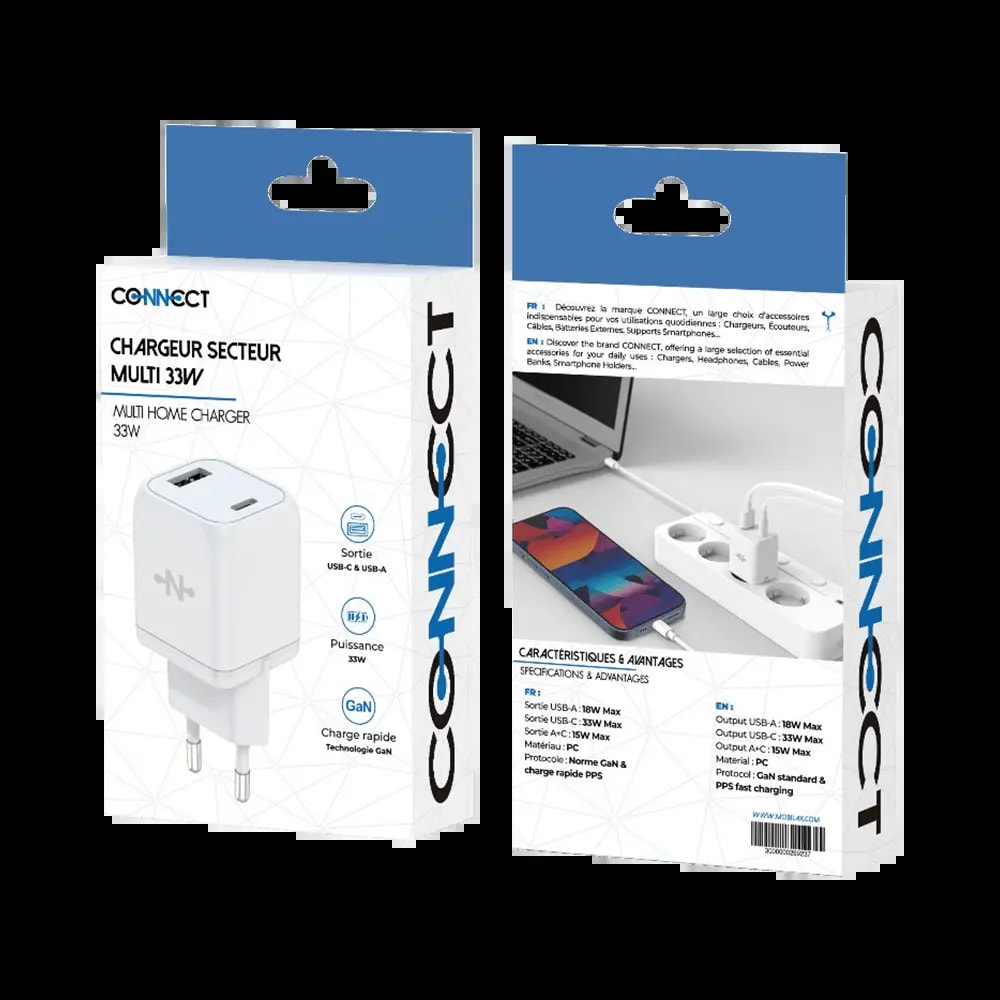 Chargeur secteur GaN 33W USB-C + USB-A - CONNECT Blanc - Vue 3