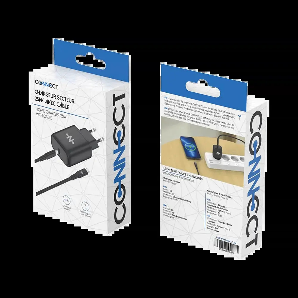 Chargeur secteur USB-C 25W avec câble USB-C – CONNECT Noir - Vue 3