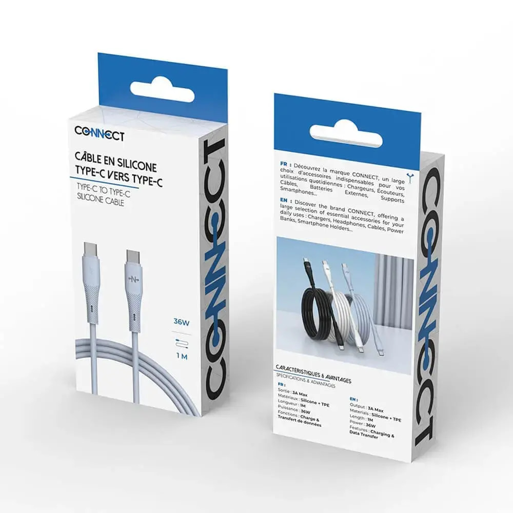 Câble USB-C vers USB-C 36W charge rapide (1m) - CONNECT Bleu - Vue 3