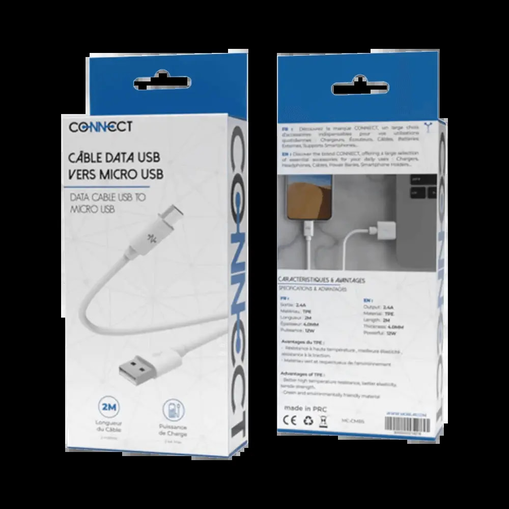 Câble Data USB vers Micro USB CONNECT (2m) Blanc - Vue 2
