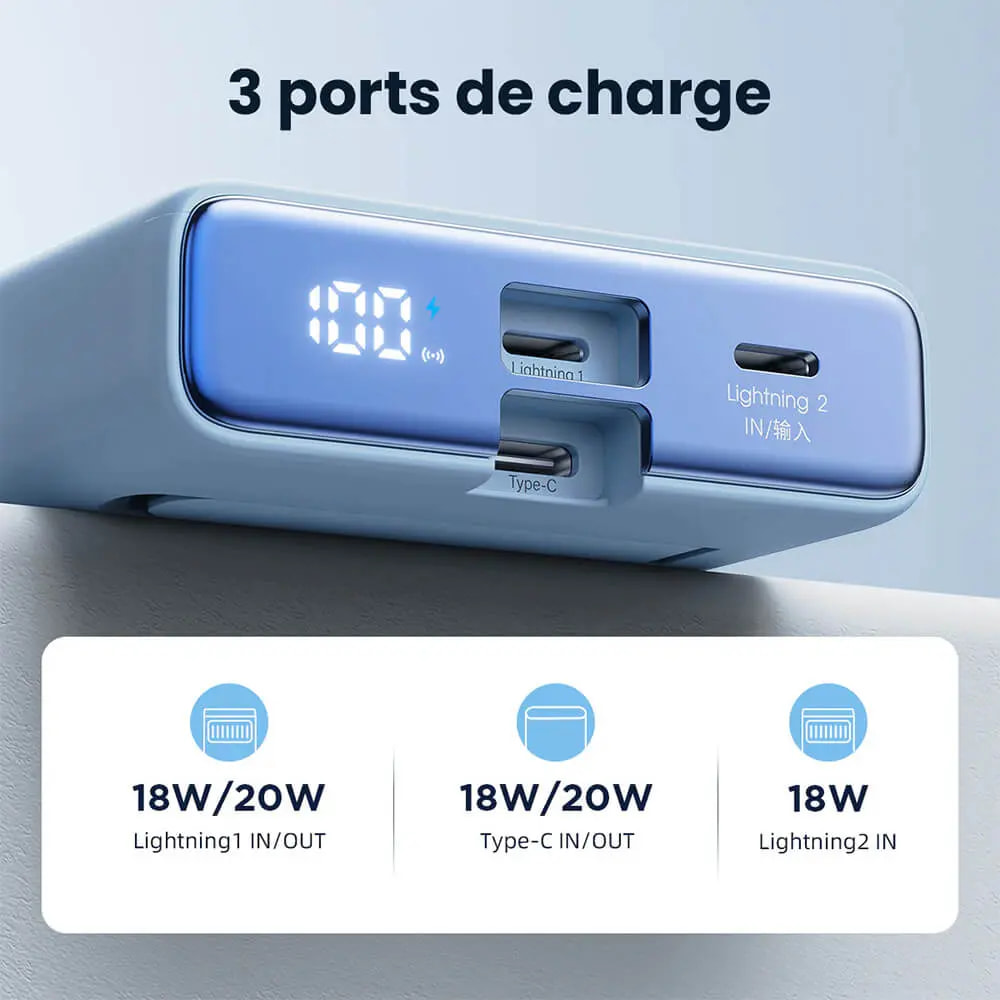 Batterie externe 10000mAh 20W avec charge sans fil 15W et écran digital - JOYROOM JR-PBM01 Blanc - Vue 5