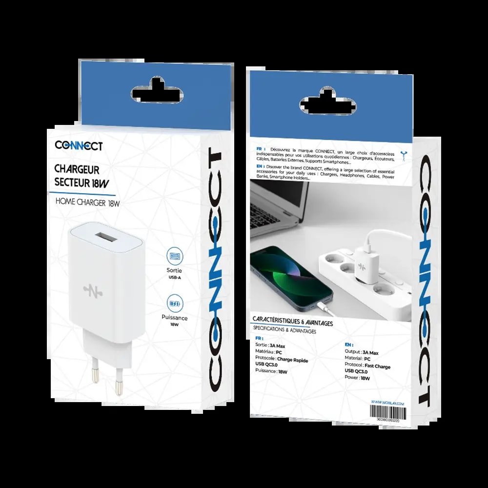Chargeur secteur USB-A 18W - CONNECT Blanc - Vue 3